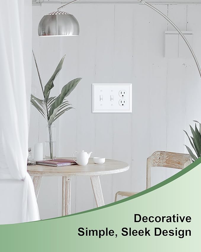 2-Pack Combo Double Toggle/Duplex Outlet Covers, Pure White Switch Plates and Outlet Covers, Natural Bamboo Fiber Wall Plates for Electrical Outlets, 3 Gang Receptacle Cover, Corrosion Resistant