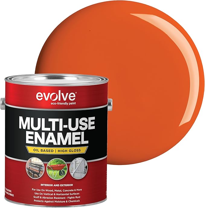 EVOLVE Multi-Purpose Alkyd Enamel – Interior Exterior Oil-Based Paint for Wood, Metal, Concrete, & Masonry, High-Gloss, Rust & Abrasion Resistant (Safety Orange, 1 Gallon)