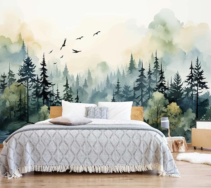 Jdayda Green Forest Woodland Wallpaper Mural Large Art Wall Decorative | 127"x75" Not Self-Adhesive Mural for Bedroom Living Room