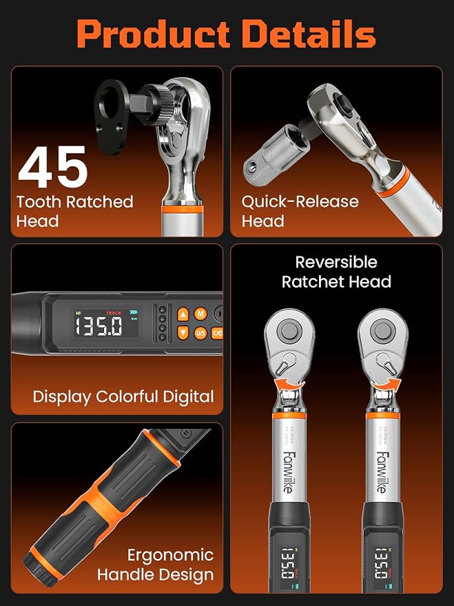 3/8" Drive Digital Torque Wrench, 5.02-99.57 Ft.lb/6.8-135 Nm, Inch Pound Torque Wrench Electronic with Buzzer & Colorful LED Indicator, Torque Wrench Set for Cars Automotive Motorcycle