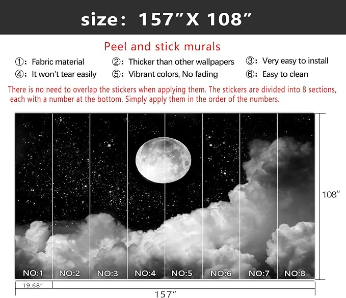 YIHWM-Peel and Stick Galaxy Wallpaper Moon Clouds Black Starry Sky Mural | Tear-resistant,with a substantial feel;Will not be damaged during repositioning.Boy's Room,kids room wallpaper.XL-157"x108"