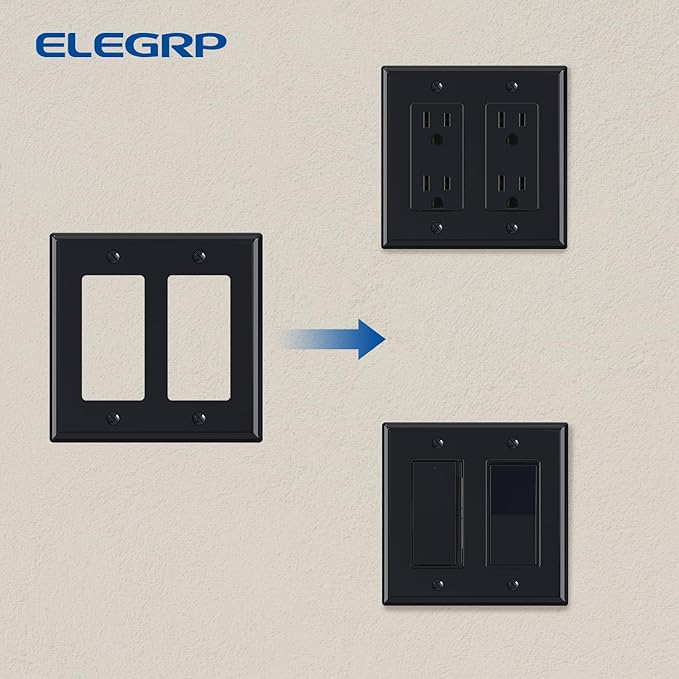 ELEGRP 2-Gang Decorative Wall Plates, Standard Size 4.53" H x 4.57" L Unbreakable Thermoplastic Faceplate Cover for Decorator Receptacle Outlet Switch, UL Listed (10 Pack, Glossy Black)