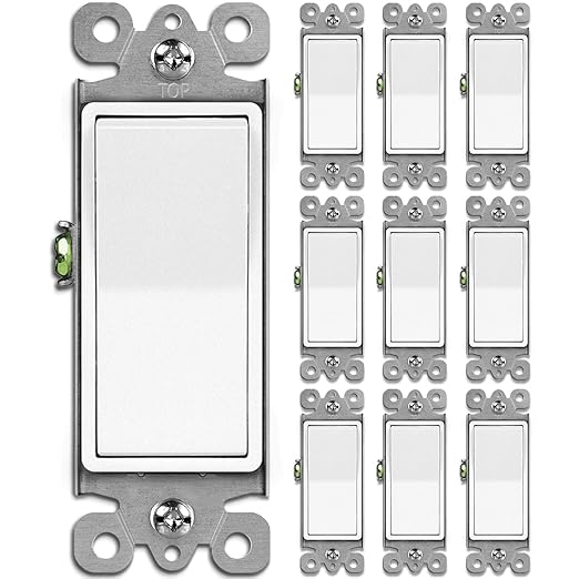 BESTTEN 10 Pack Single Pole Decorator Wall Light Switch, 15A 120/277V, Paddle Light Switch, On/Off Rocker Interrupter, UL Listed, White