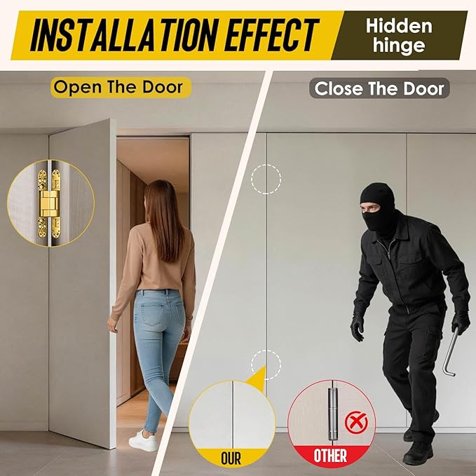 6inch Hidden Door Hinge,Concealed Hinges,Hidden Door Hardware kit,Invisible Door Silent 180 Degree Swing Hinge 3-Way Adjustable Butt 6 x 2.5 x 1inch (Gold, 7 inches)