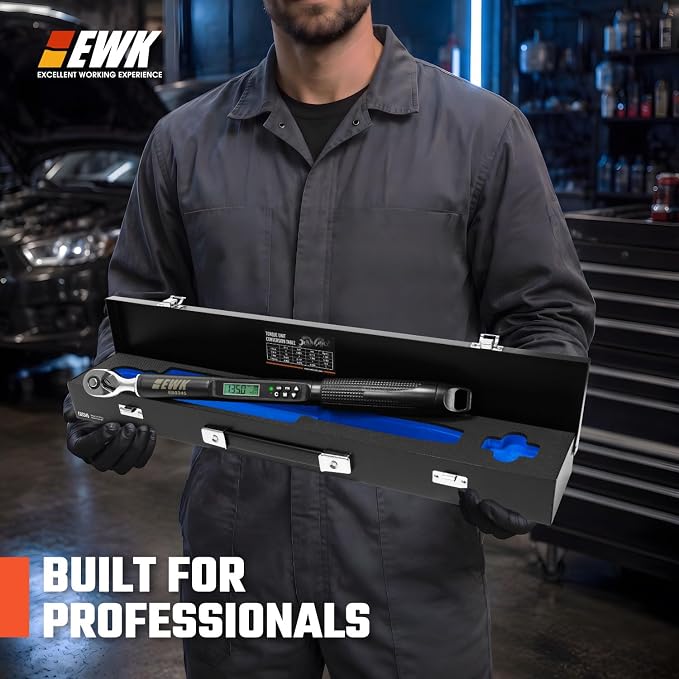 3/8 Inch Drive Digital Torque Wrench 5-100 ft-lbs (6.8-135 Nm) | IS0 6789, ±1.5% clockwise / ±2.5% counterclockwise, LCD Display, LED Buzzer Vibration Alert, 30 Memory Values