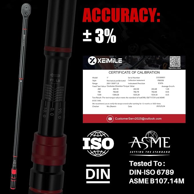 1 Inch Drive Click Torque Wrench-200-1300 Ft-Lb for Truck, Tractor | Dual-Direction Adjustable 24 Tooth Torque Wrench(271-1762.5N.m), 3% Accuracy for HD Vehicles Wind Turbine Maint.Heavy Equip.