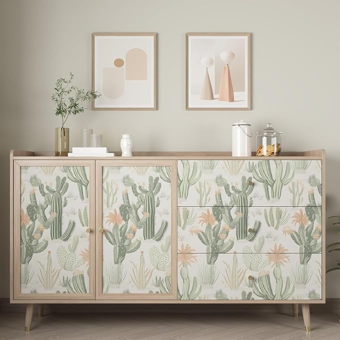 Light Cactus Floral Peel and Stick Wallpaper 17.5" x 118",Beige | Self Adhesive/Removable/Waterproof/Thick Vinyl Contact Paper for Bathroom Bedroom Shelf Cabinet Drawer,Prepasted,Easy Peel