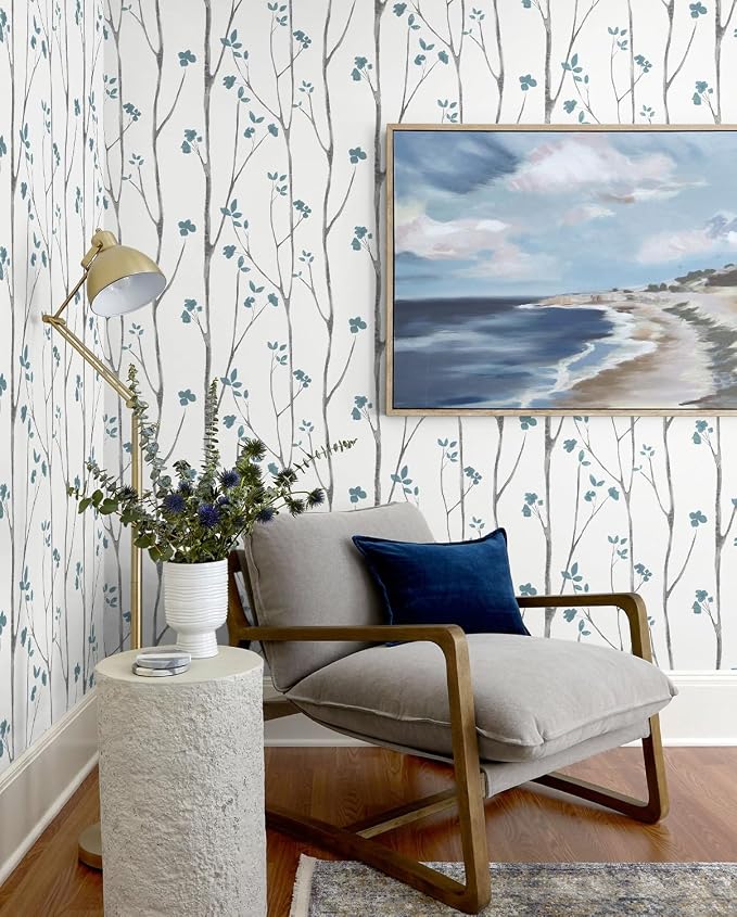 Timeet Blue White Floral Leaf Boho Wallpaper 16.14"x118.11" Self-Adhesive Removable for Bathroom, Kitchen, Bedroom