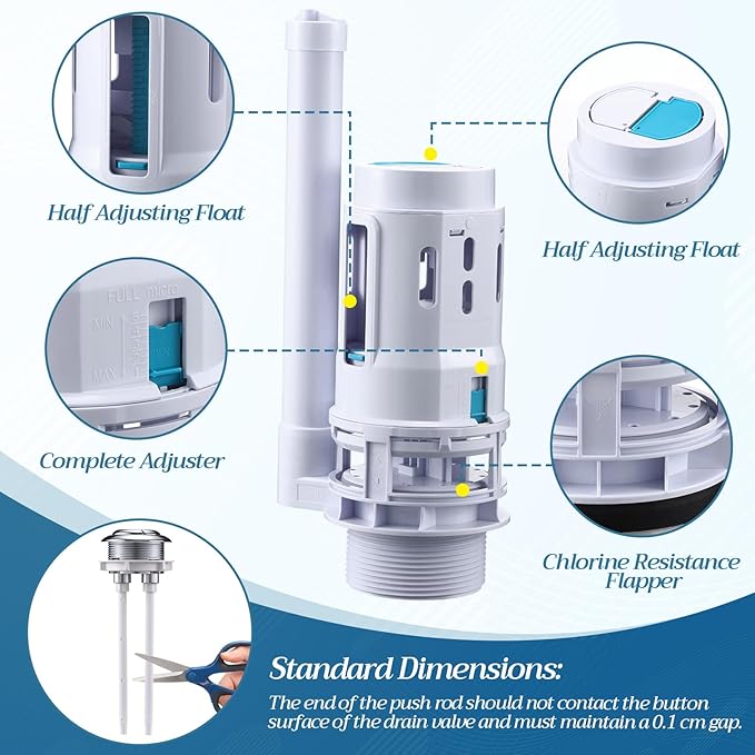 Ganeen 3 Inch Dual Flush Valve Replacement Universal Toilet Tank Replacement Kit with Top Push Button Toilet Fill Valve Bowl Gasket Plastic Bolts Inside Tank Parts Flusher Repair for Easy to Install