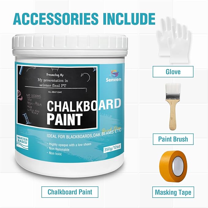 Chalkboard Paint Black Chalk Board Paint for Wood, Metal, Glass, Wall, Plaster Boards Sign, Frame, Interior/Exterior, Built-in Primer & Top Coat, Black Matte Finish, Acrylic, Non-Toxic, 350g, 12oz