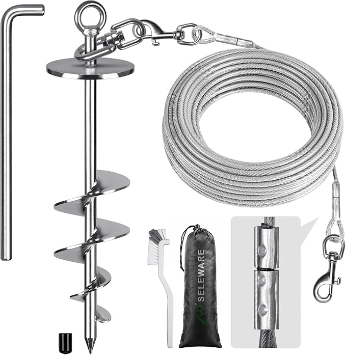 SELEWARE Dog Tie Out Cable and Stake, Dog Anchor with 30FT Heavy Duty Cable | 17" Long Anti-Rust Heavy Duty Dog Stake for Large Dogs up to 220 lbs, Easy Install with Twist Rod for Yard, Camping Outside