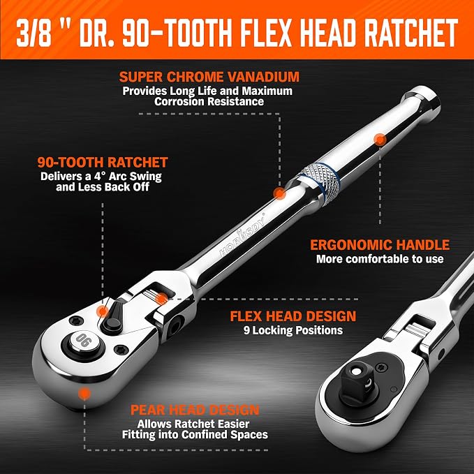HORUSDY 3/8" Drive 90-Tooth Flex Head Ratchet Handle, 180° Adjustable CR-V Ratchet with Quick Release & Reversible Switch, 4° Swing Arc Socket Wrench for Automotive, Bike & DIY Repair
