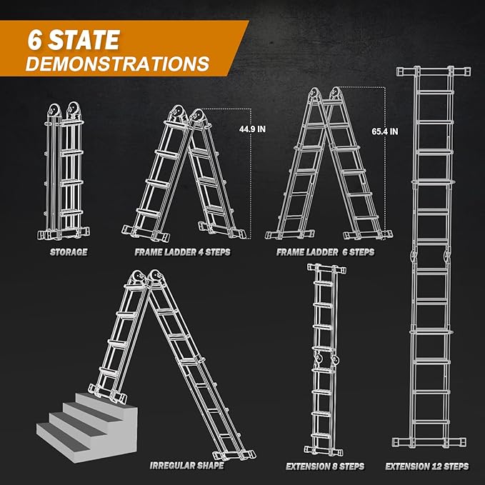 Soctone Ladder, A Frame Extension Ladder, Multi Position with Stabilizer Bar, 330 lbs Weight Rating Telescoping Ladder for Household or Outdoor Work, 14.5 Ft, Orange