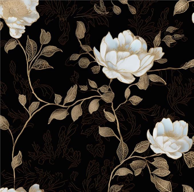 Vintage Dark Black Golden Floral Wallpaper Peel and Stick 17.5"x787" | Self Adhesive/Removable/Waterproof/Thick Vinyl Extra Long Contact Paper for Bathroom Bedroom Shelf Cabinet Drawer,Prepasted