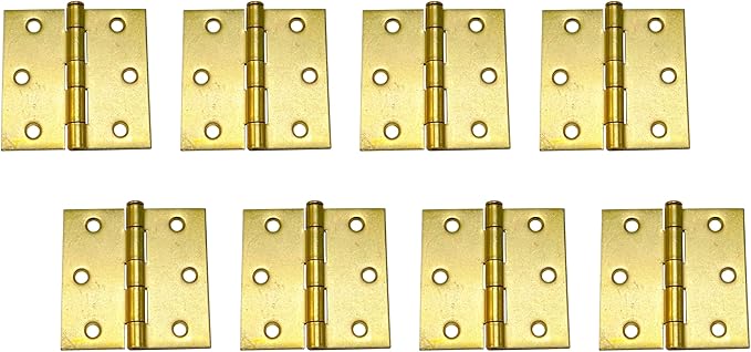 QCAA Square Door Butt Hinge, Heavy Gauge, Swaged, Loose Pin, 2-1/2"x2-1/2"x2.0mm, Brass Plated, Made in Taiwan, 8 Pack