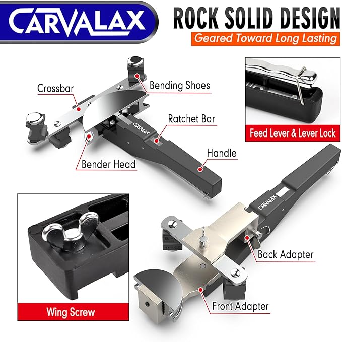 CAVALAX Aluminum Pipe Tube Bender Set with 7 Electroplated Bender Heads, for 1/4” to 7/8” O.D, 90° Ratcheting Tubing Bender w/Reverse Bending Adapters, for HVAC, Air Conditioning, and Heating Repair