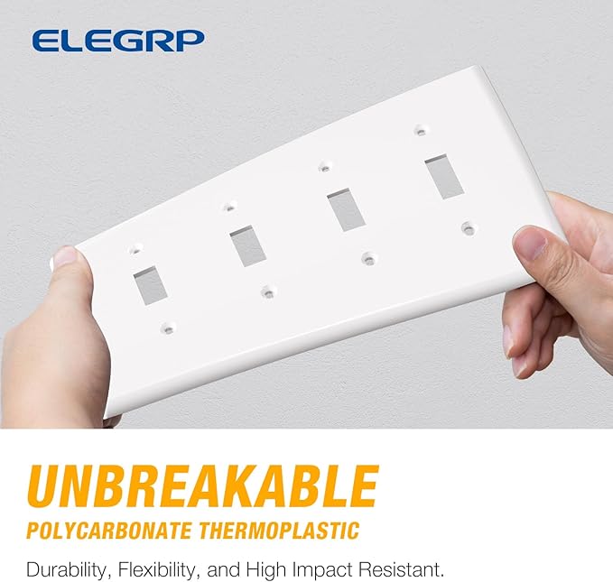 ELEGRP Toggle Light Switch Wall Plate, 4-Gang Standard Size Switch Covers, Unbreakable Polycarbonate Replacement Faceplates Covers, UL Listed, Color-matched Screws Included (2 Pack, Glossy White)