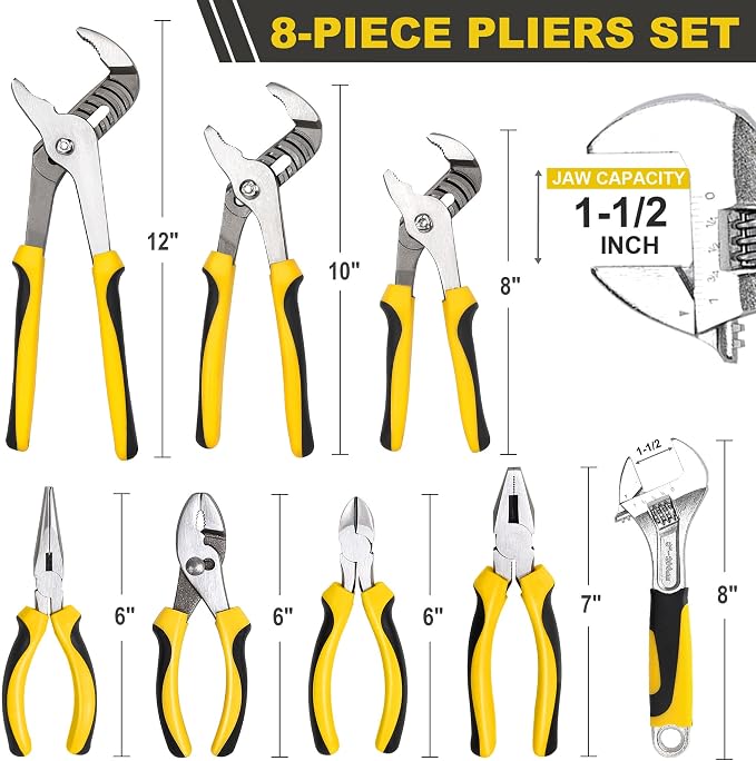 TOPLINE 8-Piece Pliers and Wrench Set with Rolling Pouch | 12”, 10”, 8” Groove Joint, 8” Adjustable Wrench, 7” Linesman, 6” Slip Joint, Long Nose, Diagonal Pliers for Home Repair