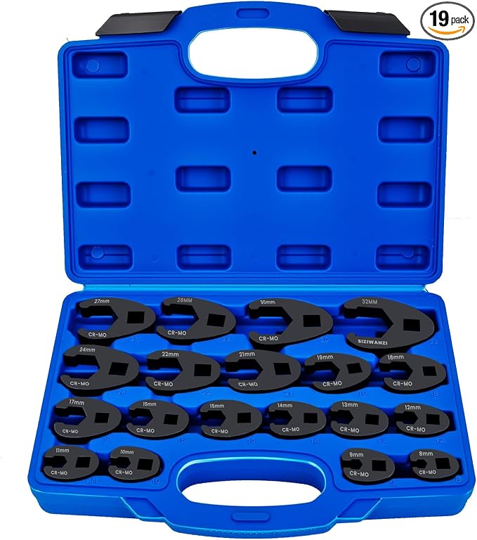 SIXIWANZI Metric Crowfoot Wrench Set, Flare Nut Crowfoot Set 8-32 mm | 19-piece metric kit, 8-32 mm crows foot, 3/8" and 1/2" drives, anti-slip flare nut grip, return tab design