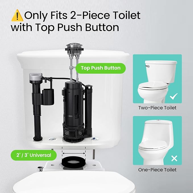 R&T Universal Dual Flush Valve for 2-piece Toilet with Top Push Button Toilet Repair Kit Inside Tank Compatible with 3-Inch and 2-Inch Toilet Drain Outlet A2422