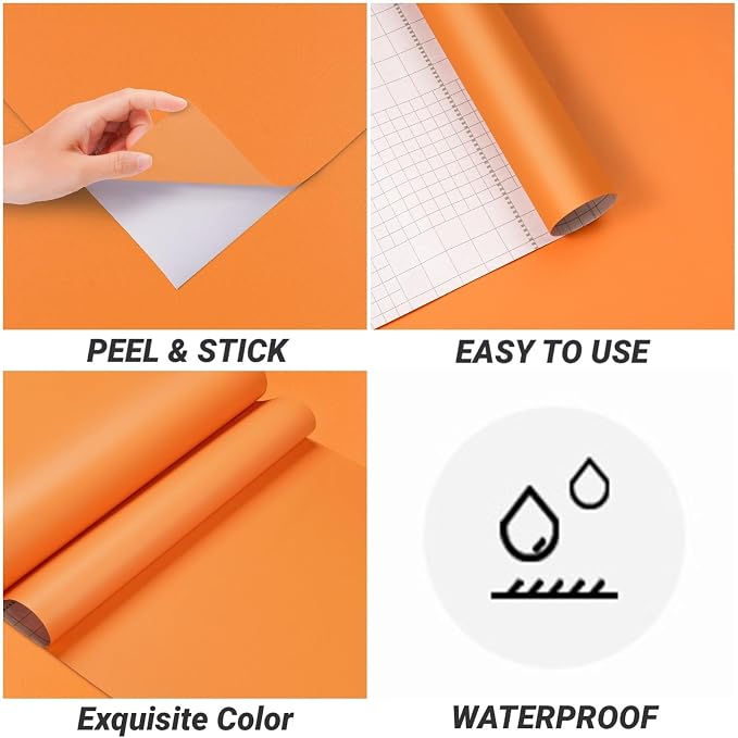 Orange Wallpaper Solid Orange Peel and Stick Wallpaper 17.7"x120" Contact Paper for Cabinets and Drawers, Solid Color Removable Vinyl Wrap Wall Paper for Bedroom Wall