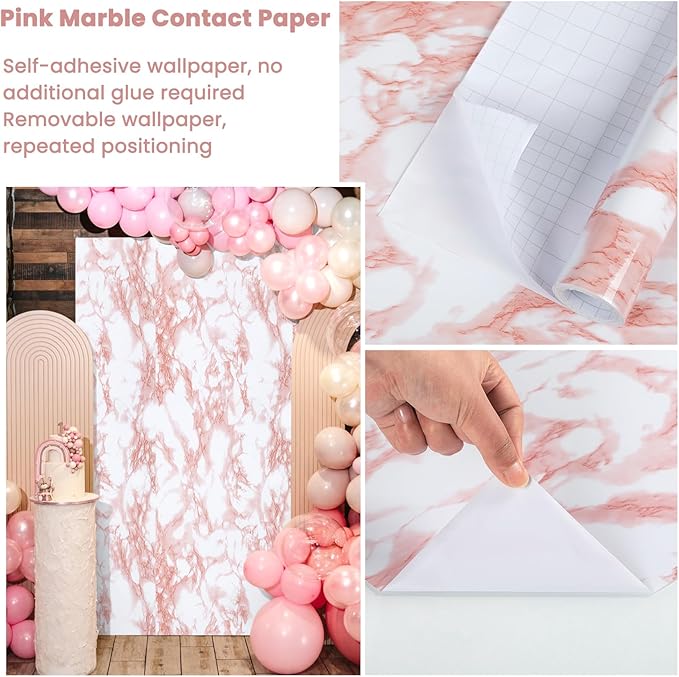 practicalWs White/Pink Marble Contact Paper Granite Peel and Stick Countertops Self-Adhesive Wallpaper Cabinets Drawer Shelf Wall Crafts Wall Paper Decorations 17.7 in x 196.8 in