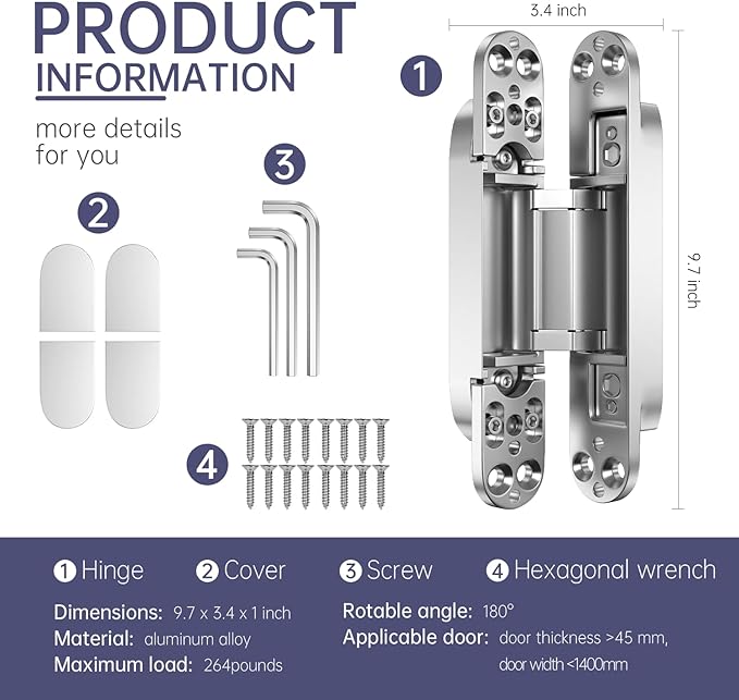 9.7" 2 pcs Hidden Hinges for Doors Invisible Hinge Concealed Hinges Zinc Alloy 180 Degree Swing Hinge 3 Way Adjustable Butt Silent Door Hinges 9.7 x 3.3 x 1inch (Silver 10 inches)