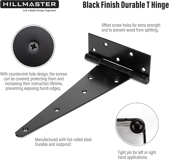 HILLMASTER 12 Inch T-Strap Heavy Duty Shed Door Hinges Gate Strap Hinges Black Tee Hinge Wrought Hardware for Wooden Fences,Yard,Barn Door,Rustproof (4 Pack)