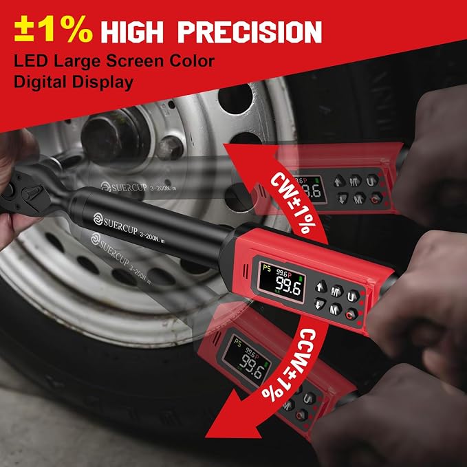 1/2" Digital Torque Wrench, 2.2-147.5Ft.Lb/3-200N.m, ±1% Accuracy | Electronic Torque Wrench, Vibration, Buzzer, LED Flash,9 Presets & 5 Units for Engine/Suspension, Lug Nut, Car & Moto Repair