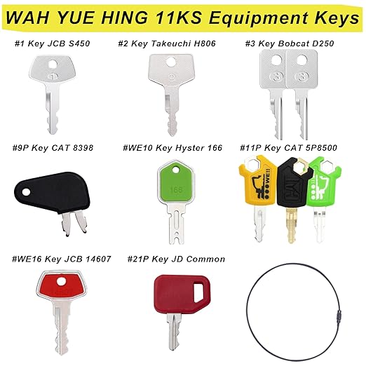 Heavy Equipment Keys Master Set, 11 Contractor Excavator Dozer Skid Steer Loader Forklift Roller Keys Fit Case JCB 14607 S450 Kubota CAT 5P8500 Takeuchi H806 Hyster 166 JD Bobcat D250