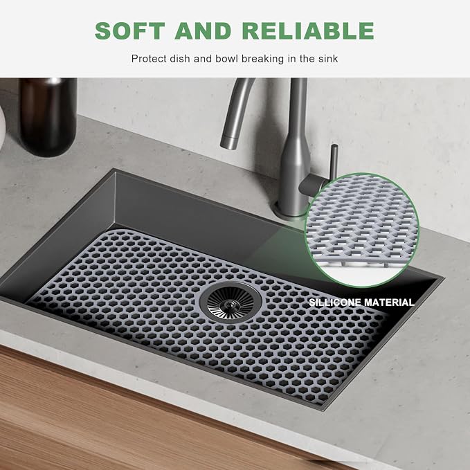 Sink Protectors for Kitchen Sink - 26"x 14" with Rear Drain Hole Heat Resistant Easy Clean Non-slip Silicone Kitchens Sinks Mat for Bottom of Kitchen Sinks Stainless Steel(Grey)-66x35CM