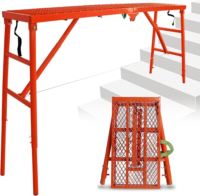 70" Folding Scaffolding Platform, 770lbs Heavy Duty Portable Work Platform with Adjustable Legs for Stairs & Uneven Ground, Multi-Purpose Scaffold Ladder, Welding Table, Red