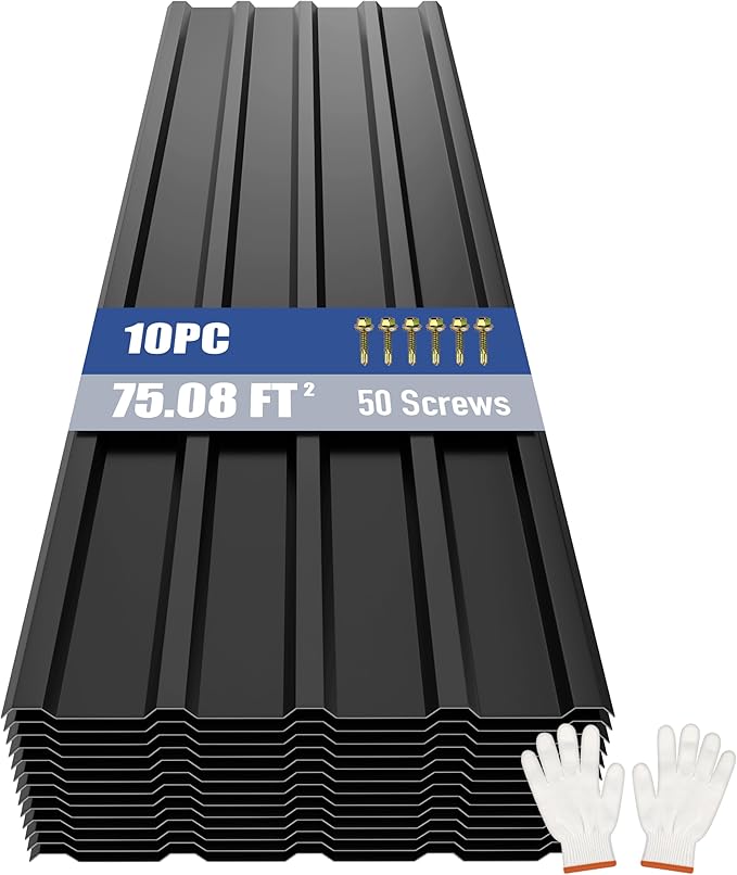 Brakki Metal Roofing Panels 10pcs 75 ft², L61.02"xW17.72" Black Corrugated Galvanized Steel Roof Panels with Screw, Heavy Duty Metal Siding Suitable for Garages Chicken Coop Sheds Stables Patio