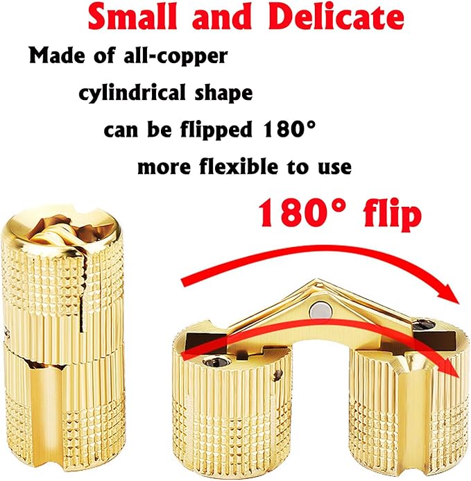 Brass 8mm Hidden Barrel Hinges with Drill Bit and Depth Stop Collar, 180 Degree Concealed Hinges for Wooden Box, Jewelry Box, DIY Crafts, 8 Piece