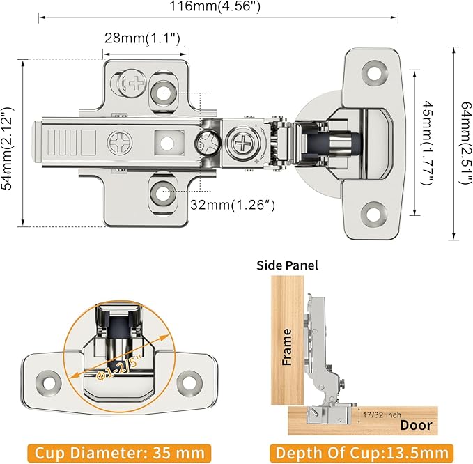 Chibery 10 Pack Frameless Half Overlay Soft Close Concealed European Hinges, Self Closing Satin Nickel, 105 ° Open Angle 4D Adjustment, Speed Control, Clip On, Stainless Steel for Cabinet Door