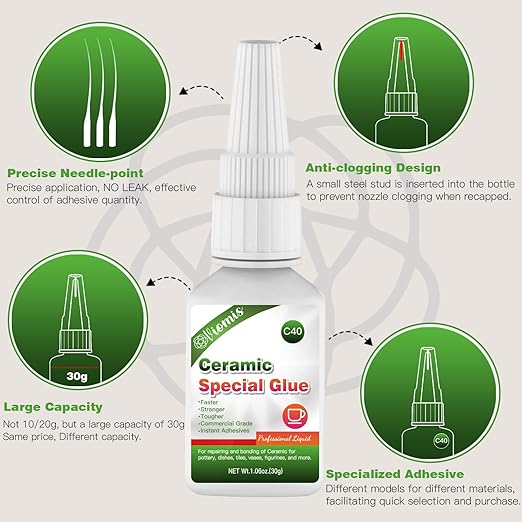30g Ceramic Glue, Instant Ceramic Super Glue for Porcelain and Pottery Repair, Fast Drying | Heat Resistant | Waterproof Strong Adhesive for Bonding Ceramic, Dishes, Tiles, DIY Crafts