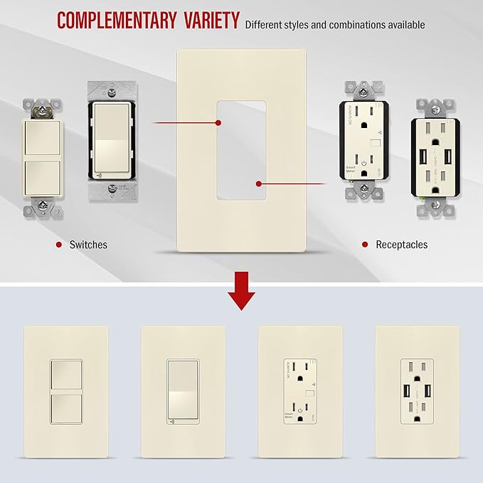 ENERLITES Screwless Decorator Wall Plate Child Safe Outlet Cover, Gloss Finish, Medium Size 1-Gang 4.88" H x 3.11" L, Unbreakable Polycarbonate Thermoplastic, SI8831M-LA, Light Almond