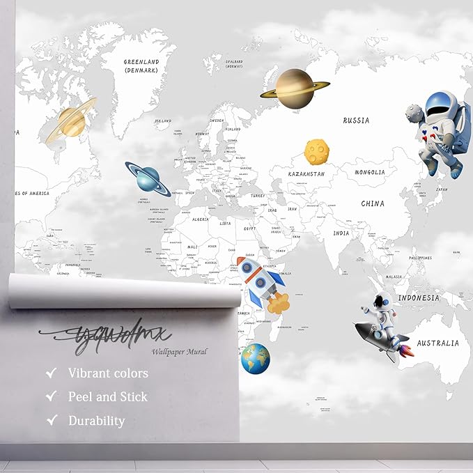 YQWDMX - Grey map Peel and Stick Wallpaper Cartoon Planet Kids wall Mural for Nursery ZY04 L