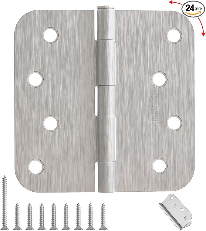 24 Pack 4 Inch Brushed Nickel Door Hinges, Heavy Duty Satin Nickel Hinges with 5/8" Radius Corners, Interior & Exterior Residential Front Door Use