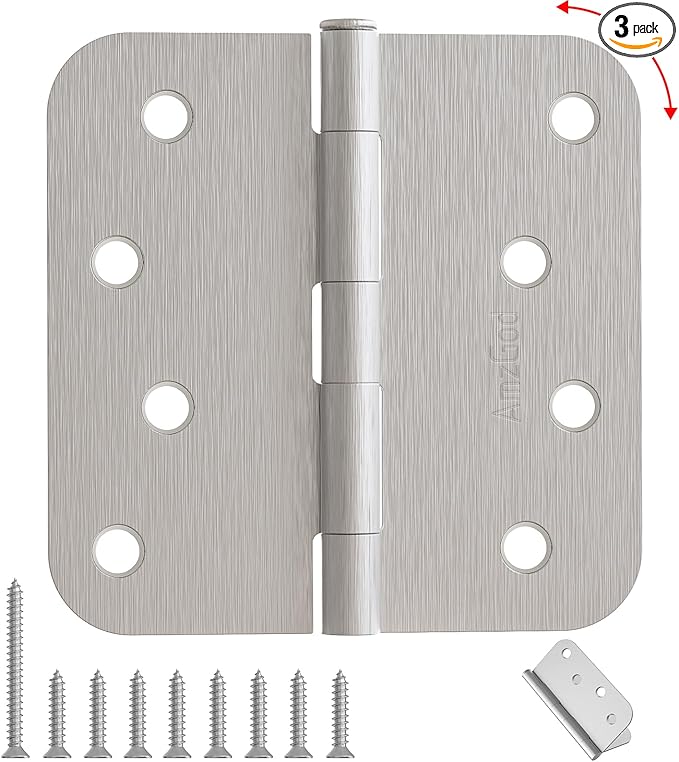 4 Inch Door Hinges 3 Pack, Brushed Nickel Interior Door Hinges with 5/8" Radius Corners, Heavy Duty 4"x4" Satin Nickel Hinges for Residential Front Door, Silver Finish