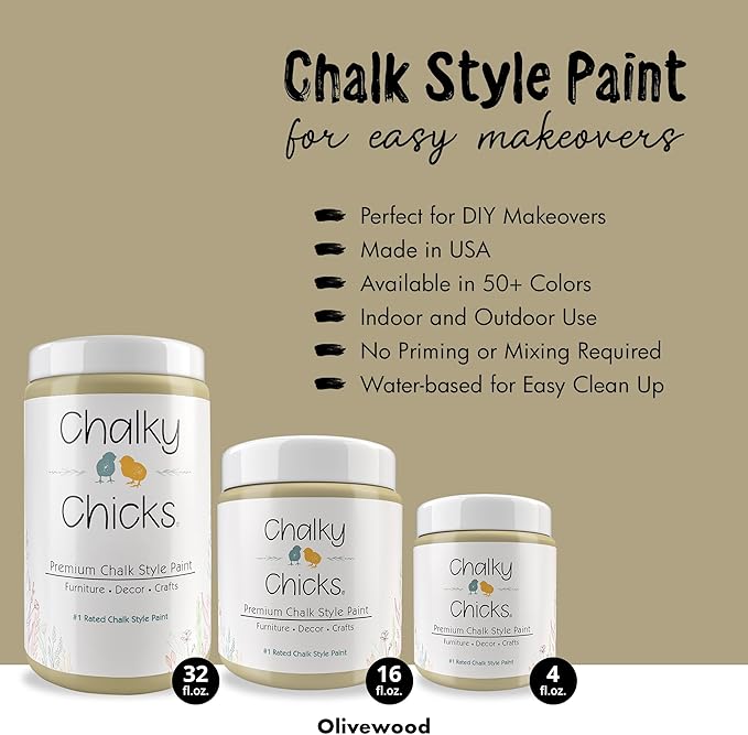 Chalky Chicks 32 Fl Oz Matte Olive Wood (Taupe) Chalk Paint for Furniture Without Sanding - No Prep Furniture Paint No Sanding All in One for Crafts, Wood, Walls, Cabinet, Metal, Dresser, Farmhouse