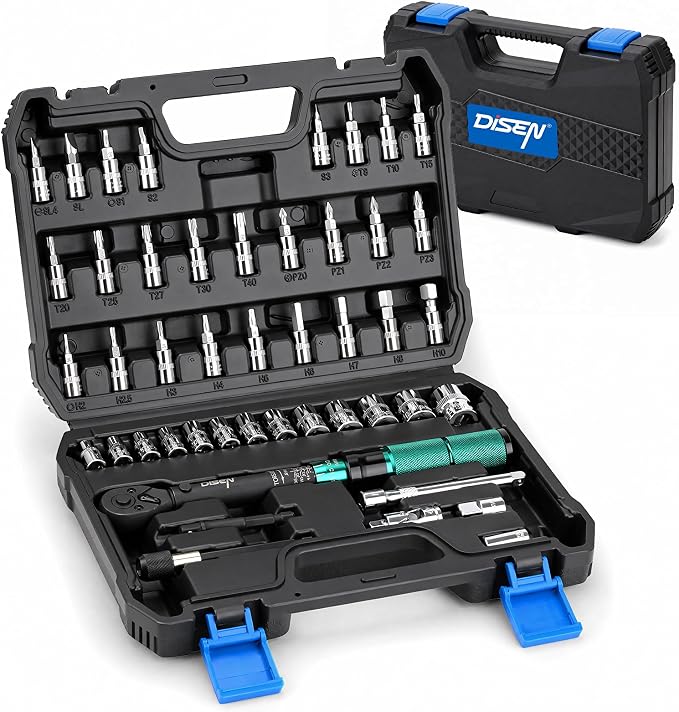 DISEN 46PCS 1/4" Click Torque Wrench 1-26 N.m 72-Tooth Quick Release | ±3% accuracy | Reversible ratchet | Sockets & bits included | 1-26 N.m range | For bikes, motorcycles, precision repair