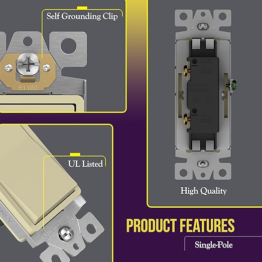 ENERLITES Decorator Paddle Rocker Light Switch, Gloss Finish, Single Pole, 3 Wire, Grounding Screw, Residential Grade,15A 120V/277V, UL Listed, 91150-I-10PCS, Ivory (10 Pack)