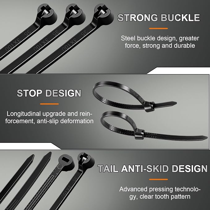 Blulu 200 Pcs 4 Inch Cable Zip Ties with Metal Tooth Stainless Steel Locking Device, Black Cable Ties, UV Resistant Wire Wraps Multi Purpose for Industrial Indoor Outdoor Use