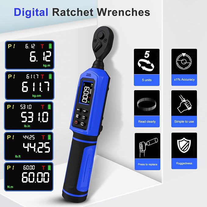 Digital Torque Wrench 3/8 Inch Drive 0.66-44.3 FT.LB (0.9-60Nm),Electronic Inch Pound Torque Wrench ±1% Accuracy 5Units,with Extension Bar 1/4" Adapter for Car,Motorcycle,Bicycle ﻿Buzzer Alarm