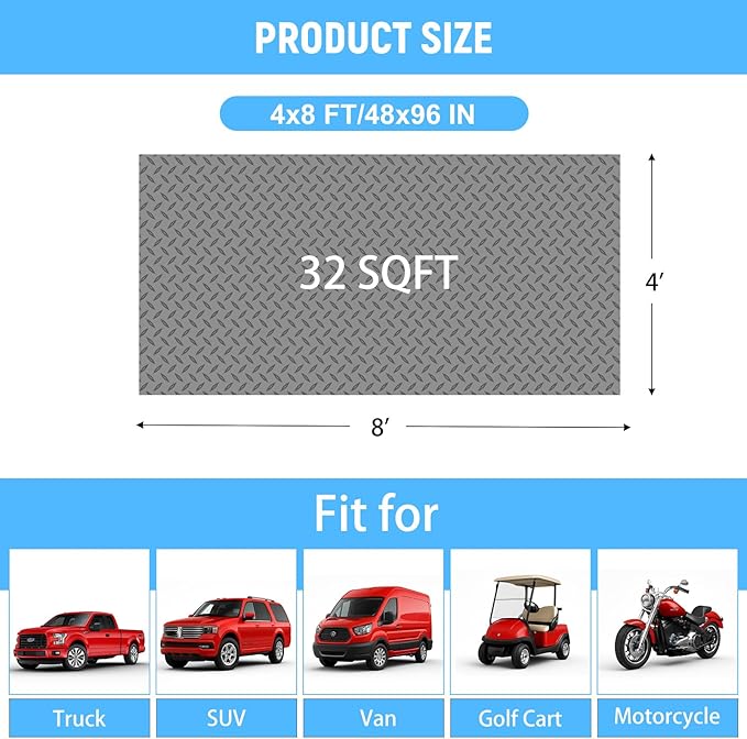 4x8 FT Garage Floor Mat, 2.8mm Thickened PVC Flooring Roll for Under Car, Golf Cart Parking Mat, Diamond Plate Gray Motorcycle Mat for Warehouse, Basement, Gyms, Trailer（Included Tapes）