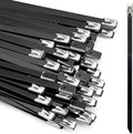 Heavy Duty Metal Zip Ties 100 Pack - 11.8 Inch 304 Stainless Steel Black Cable Ties with 200 LBS Tensile Strength, Multi-Purpose Wire Ties for Exhaust Wrap, Fence, Canopy, Pipes, Outdoor Use