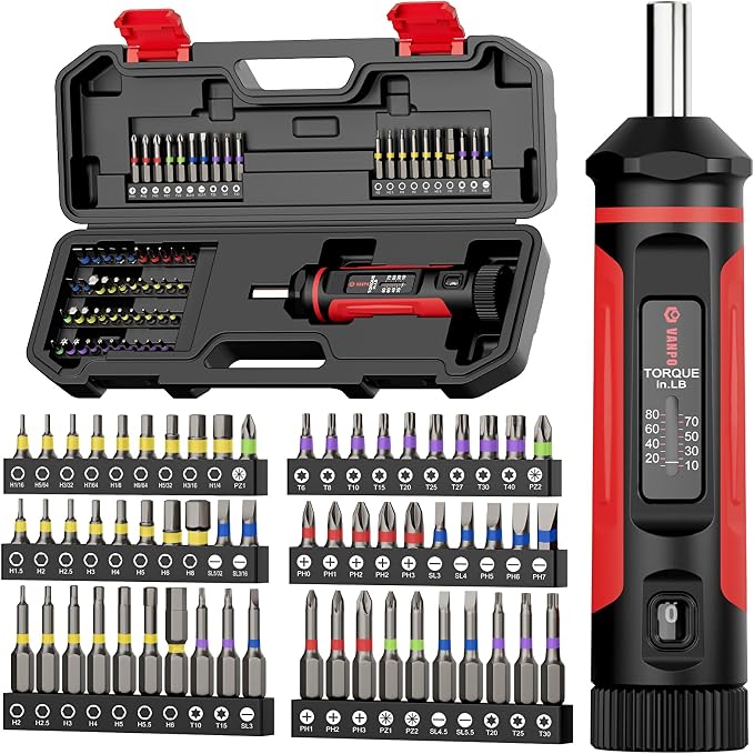 VANPO Torque Screwdriver 10-80 in-lb, 1/4" Drive Precision Driver Set | Inch Pounds Torque Wrench, 60 S2 Steel Bits for Gunsmithing, Bike Repair, Scope Mounting, Maintenance, DIY