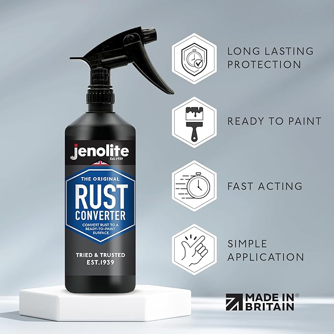 JENOLITE Rust Converter Trigger Spray for Metal 500 ml (16.9 fl oz) All In One Fast‑Acting Water‑Based Rust Reformer, Primer & Inhibitor. Converts Rust to a Paint‑Ready Surface. Made In Britain.