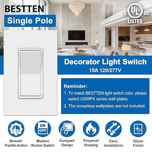 BESTTEN 10 Pack Single Pole Decorator Wall Light Switch, 15A 120/277V, Paddle Light Switch, On/Off Rocker Interrupter, UL Listed, White